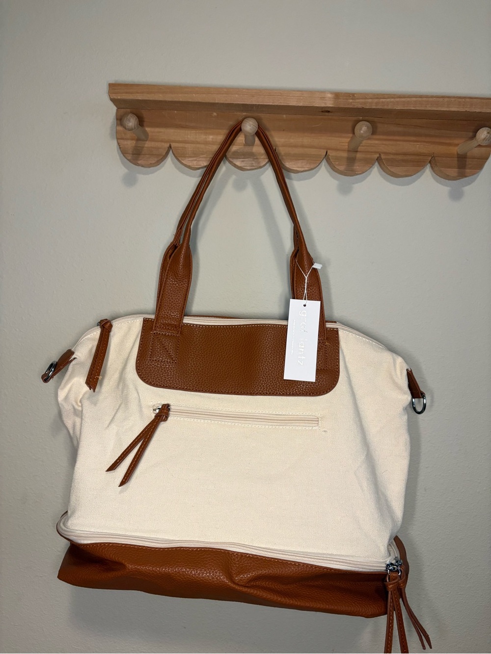 Canvas and Brown Vegan Leather Tote Bag - Women